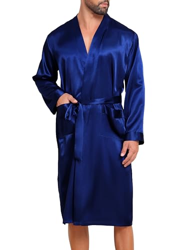 Lovasy Peignoir Homme Satin Robe de Chambre en Soie Léger à Manches Longues Peignoir de Bain kimono Doux et Confortable Vêtement de Nuit avec Ceinture et Poche,A-Bleu foncé,M