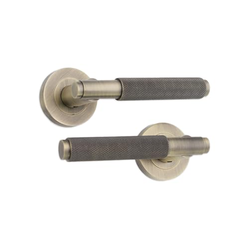 Infinity Decor Matt Antique Knurled Lever Door Pull Handles on Sprung Rose Latch Pack - for Interior & Exterior Wooden Doors