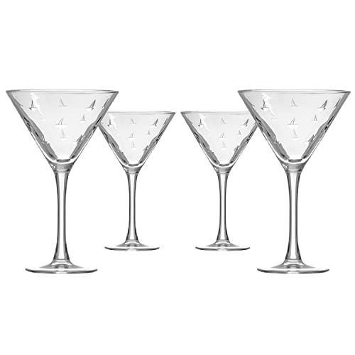 Rolf Glass Sailing Martini Glass | Set of 4 Stemmed 10 ounce Martini Glasses | Lead-Free Glass | Diamond-Wheel Etched Cocktail Glasses | Made in the USA