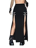 Black Punk Skirts for Women High Waist Buckle Slit Goth Club Rave Skirt Medium