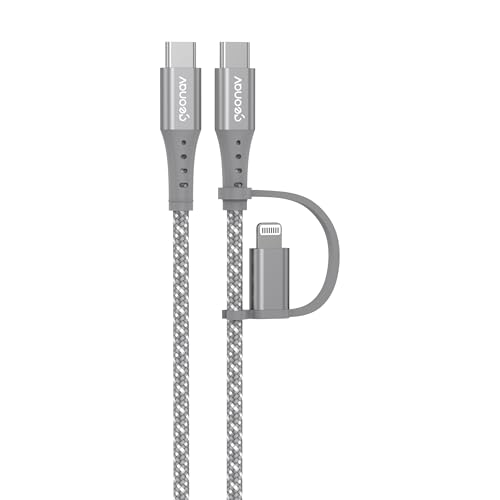 Geonav Cabo USB-C modelo 2 em 1 com encaixe para USB-C (tipo C) e para Lightning (iPhones e iPads), 1.5 m, nylon trançado, resistente, carregamento rápido, LC21GR, cinza