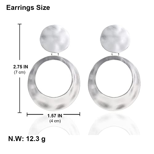 Matte Silver Harmmered Disc Hoop Earrings For Women Big Dangle Clip Earrings For Women Girls Gift #TOP4
