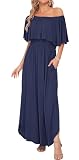 AUSELILY Womens Off the Shoulder Dress Summer Casual Long Ruffle Party Side Split Beach Maxi Dresses with Pockets Navy Blue L