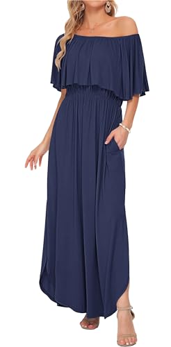 Image of AUSELILY Womens Off Shoulder Ruffle Split Summer Maxi Dresses with Pockets | Off-shoulder Ruffle dress with empire waist & side split for summer beach and casual parties