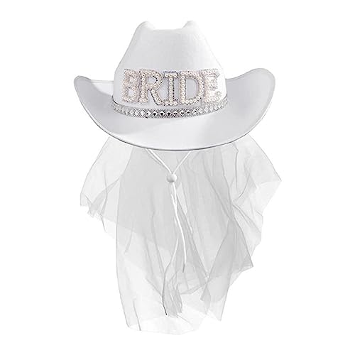 Sombrero blanco de vaquera para novia, ajustable, con velo, sombrero de despedida de soltera, decoración de cosplay Zorq