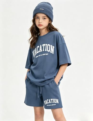 Image of Size 6-12 Years Girl's Tracksuit Sets 2 Piece Outfits Letter Print Vacation Tee Top and Drawstring Waist Shorts