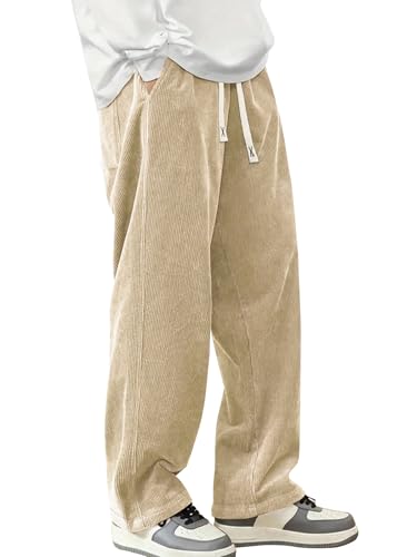Image of Hidkat Mens Corduroy Casual Pants Fashion Loose Fit Wide Leg Pants Straight Sweatpants Elastic Waist Drawstring