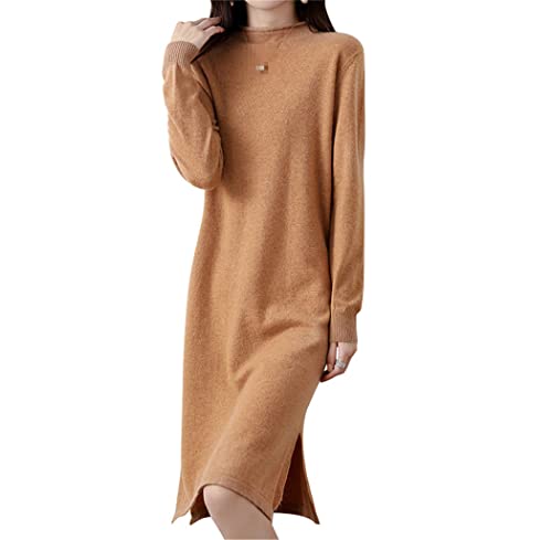 Robe en tricot cachemire beige XL à col roulé et ourlet fendu pour femme - 3