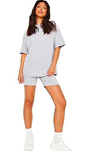 BESTITALIANUK Ladies Womens Cycling Shorts Oversized T-Shirt and Active Gym Sports Co ord Set Plus Size 8-22 UK (Silver, 12-14)
