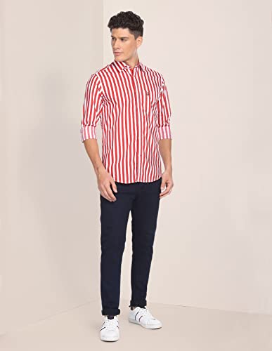 Image of U.S. POLO ASSN. Striped Tailored Fit Shirt for Men - 100% Cotton, Breathable & Comfortable, Full Sleeves Casual Shirt for Men - 39, Red