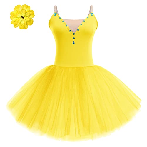 AFAVOM 2 leotardos de ballet con purpurina para mujer, disfraz largo de bailarina para adultos, vestido de ballet con clip para el pelo, leotardo, Amarillo, XL