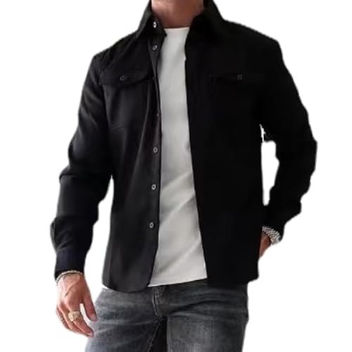 Chaqueta tipo camisa con botones para hombre, estilo casual, elegante, estilo retro, gruesa, color liso, abrigo de trabajo ajustado, Negro, XL