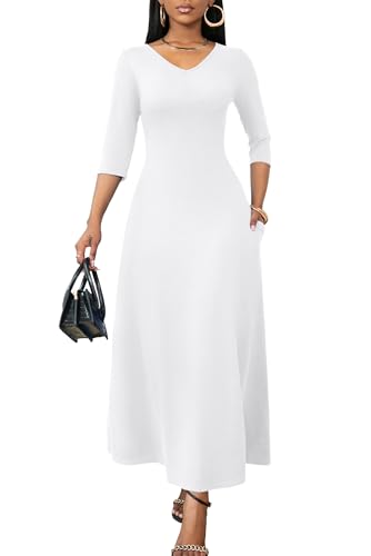 FANDEE Maxi Dress for Women 3/4 Sleeve Maxi Dresses V Neck Casual Loose Long T Shirt Dresses with Pockets2