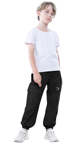 SANGTREE Boy Jogger Pants, Drawstring Elastic Waist Pull On Cargo Casual Pants Trousers with Pockets for Boys, Black, S3