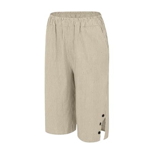 Pedal Pushers for Women Pull On Wide Leg Cotton Linen Casual Pants Solid Color High Waisted Shorts3