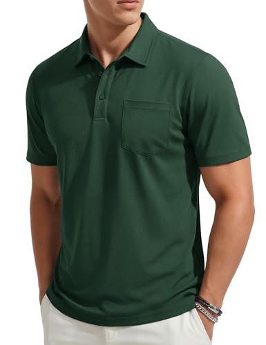 TACVASEN Men's Golf Polo Shirt with Pocket, Collared, Green