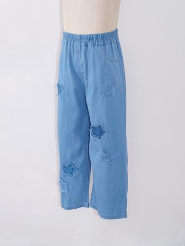Hularka Kids Girls Wide Leg Jeans Elastic Waist Washed Denim Pants Star Patches Denim Trousers Bottoms Casual wear4