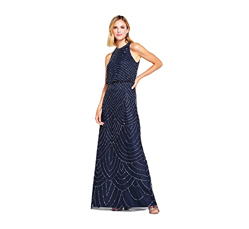 Adrianna Papell Women's Halter Art Deco Beaded Blouson Dress, navy, 8