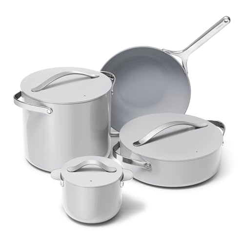 Image of Caraway Cookware+ Collection - Specialty Cookware Set - Petite Cooker, Stir Fry Pan, Rondeau, & Stock Pot - 3 Lids & Storage Organizer Included - Gray
