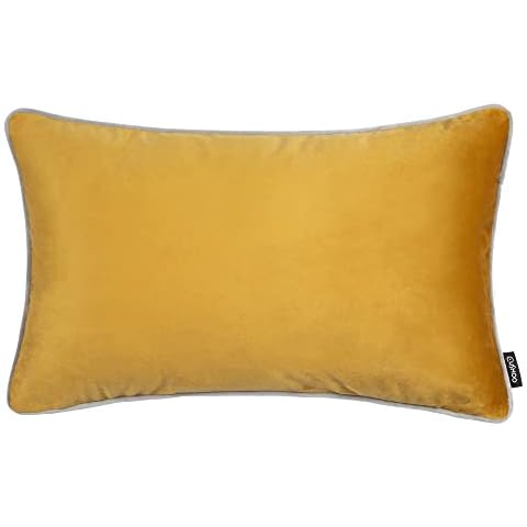 RHOOM Large Rectangle Velvet Cushion Cover, Mustard Yellow with Light Grey Piping - Ochre Decorative Bolster Scatter Pillow for Sofa (40cm x 62cm, 16" x 24") Cover