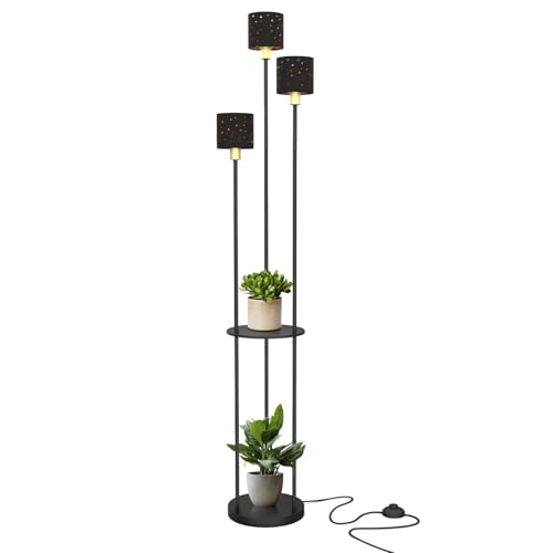 Fullwatt Stehlampe Wohnzimmer, Standleuchte Metall E14 mit Regal, Stehleuchte mit 3 Lampenschirm und Fußschalter, für Wohnzimmer, Schlafzimmer, Büro, Modern, 160 cm, Ohne Leuchtmittel, Weiß/Schwarz