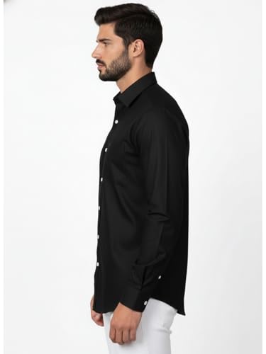 Image of Full Sleeve Black Formal Shirt for Men Cotton Regular Fit Casual - Pure Premium Branded Shirts for Men Formal Stylish Slim Plain Solid Man Wear as Office and Party