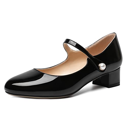 ROSERWISH Womens Round Toe Cute Wedding Ankle Strap Casual Patent Pearl Chunky Low Heel Pumps Shoes 1.5 Inch - Main Image