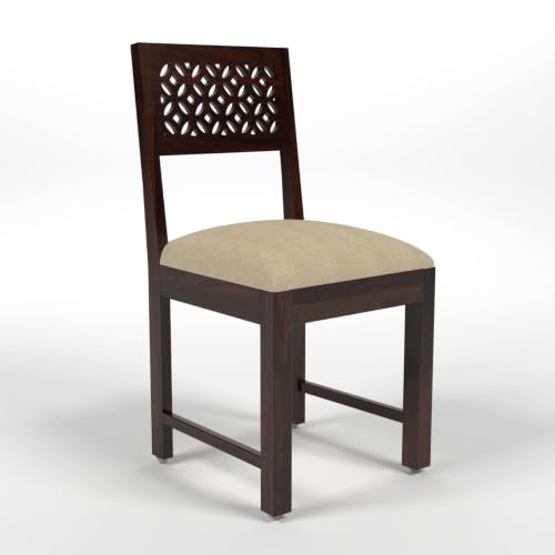 Image of Solid Sheesham Wood Dining CNC Chair for Living Room & Dining Room | Wooden Chair with Upholstered Cushion Seat | Handcrafted Carved Backrest | Walnut Finish (Set of 4)