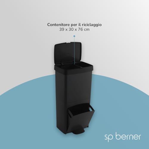 Sp Berner - Cestino Per La Raccolta Differenziata Da 70 Litri Con Pedale - 3 Scomparti (30 Litri + 10 Litri + 30 Litri) - 100% Plastica Riciclabile - Grigio Antracite - 5