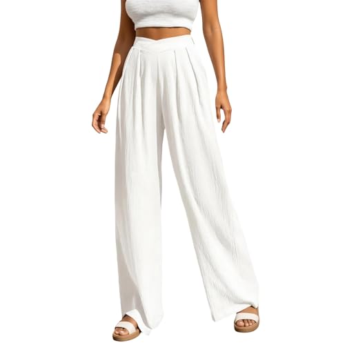 Duohropke Palazzo - Pantalones de tela para mujer, informales, de verano, cintura alta, con bolsillos, elegantes, para yoga, negocios, trabajo, suaves, cómodos, para negocios, ocio, deporte, Blanco, S