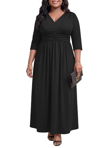 Image of Runwind Plus Size Maxi Dress 3 /4 Sleeve V-Neck Pleated Faux Buttons Pockets