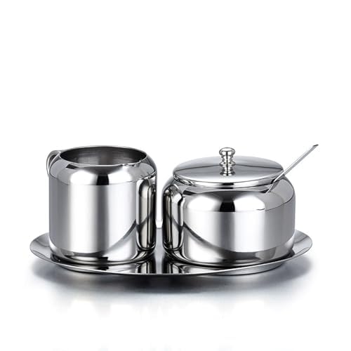 Genérico Juego de Azucarero y Jarra de Leche de Acero Inoxidable con Bandej y Cuchara - Estilo Europeo para Hogar, Cocina, Hoteles y Cafeterías