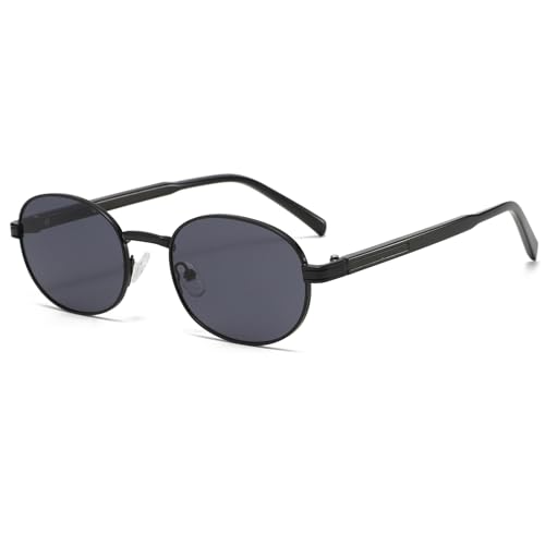 Image of Long Keeper Retro Oval Sunglasses - Women Men Small 90s Sunglasses Vintage Metal Frame Sun Glasses Y2K Travel Sunnies UV400 Protection (Sand Black Grey)