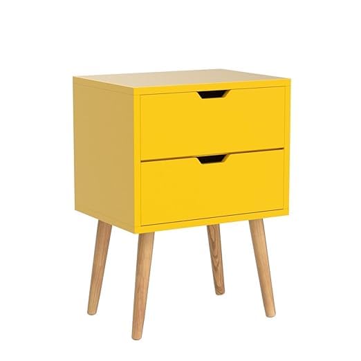 Image of Organizing Nightstand Solid Wood Legs Mid-Century Modern Bedside Table Practical and Simplistic End Side Table with Two Drawers (Yellow)