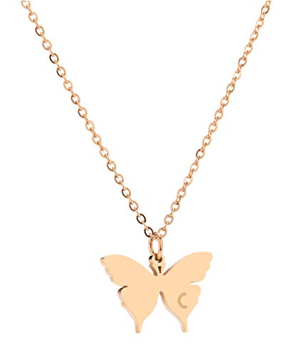 Dainty Rose Gold Initial Butterfly Pendant Necklace Butterfly Initial Letter Necklace Birthday Gift for Grandma Mom Aunt Sister Daughter Best Friend