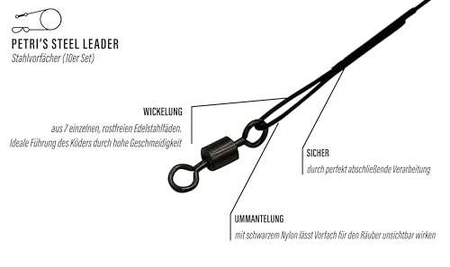 Foto von PetrisCatch 10er Set Stahlvorfächer mit Karabiner für Hecht, 40cm, 20kg, 0,5mm, 1x7