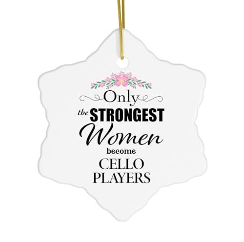 Cello Player Ornament for Christmas Tree - Snowflake Shaped - Only The Strongest - Gifts for Her Women Lady Female Friend Coworker - Happy New Year Merry Xmas - Ceramic, White