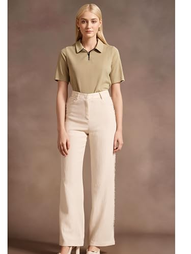 Image of Mack Jonney Ribbed |Regular Fit | Half Sleeves 100% Cotton Polo Neck Self Design with Zip T-Shirt for Women-M950