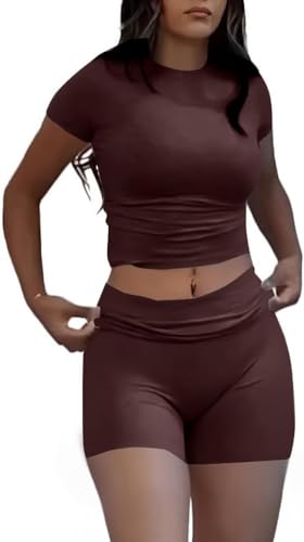 Image of ZFLM Casual Workout Two Piece Outfits for Women Short Sleeve Crop High Waist Foldover Flare Pants Tracksuit Sets Streetwear