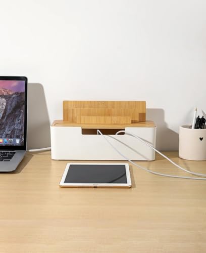 BUYSK Kabelmanagement-Box mit Holzdeckel, Multi-Device-Organizer für Telefone/Tablets/Smartwatches, Desktop-Kabel-Organizer für einen aufgeräumten Arbeitsbereich (Weiß)