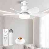 Ventilateur de Plafond avec Lumière et Télécommande, E27 Ventilateur LED Dimmable 40W, 3 Vitesses, 6 Pales, Silencieux, avec Base et Tige d'Extension, Minuterie, pour Chambre Salon Bureau, Blanc 52cm