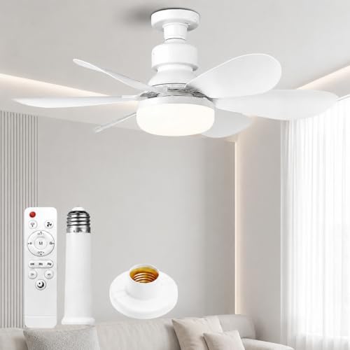Ventilateur de Plafond avec Lumière et Télécommande, E27 Ventilateur LED Dimmable 40W, 3 Vitesses, 6 Pales, Silencieux, avec Base et Tige d’Extension,...