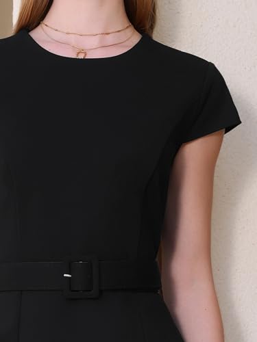 Women's Knee Length Pencil Dress Cap Sleeve Belted Wear to Work Sheath Dresses4