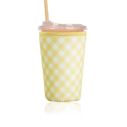 Image of Reusable Insulated Sleeve for Iced Coffee Cup, Coffee Neoprene Sleeve for Cold & Hot Drinks, Beverage Holder for Iced Coffee (Yellow Gingham, Medium: 22-24oz)