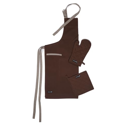 Image of Encasa XO 100% Cotton Apron Set for Women & Men with Adjustable Apron, Oven Gloves & Pot Holder (Pack of 3) Combo, Heat-Resistant, Soft & Durable for Cooking, Baking & Grilling (Dark Taupe & Beige)
