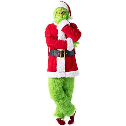 HZIH Christmas Cosplay Grinch Costume for Adults Men, 7 Pieces Christmas Outfit Xmas Deluxe Green Santa Suit Cosplay Fancy Dress A, M Cover