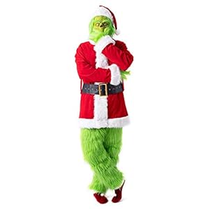 Trajes Papá Noel Disfraces Navidad para Hombre Adulto Grinch Monstruo Verde Cosplay,7 Uds Traje De Papá Noel De Lujo Conjunto Peludo Traje De Cosplay De Navidad Halloween