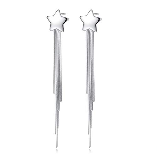 Ms.Swan Pendientes largos de plata de ley 925 con estrellas y borla para mujer