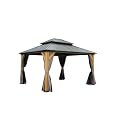 12'x14' Hardtop Gazebo, Outdoor Cedar Wood Frame Canopy with Galvanized Steel Double Roof, Outdoor Permanent Metal Pavilion with Curtains and Netting for Patio, Backyard and Lawn(Brown)