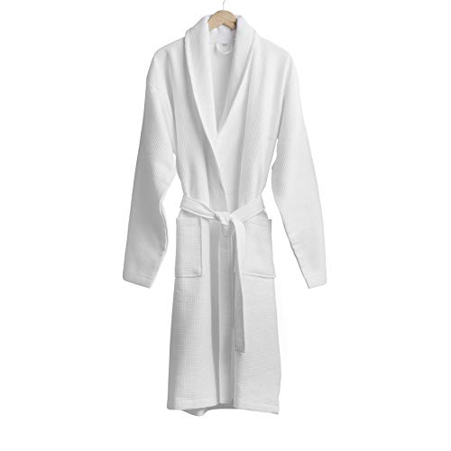 Welhome 100% Cotton Waffle Terry Shawl Collar Bath Robe (White) - L Size - Length 47.2
